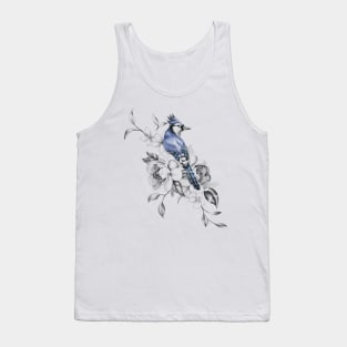 Beautiful Blue Jay Sitting on a Tree Branch with Flowers Tank Top